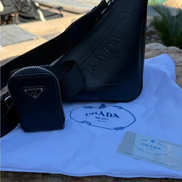 Genuine vegan leather PRADA Black triangle Sling Bag with detachable Logo mini - Picture 10 of 13
